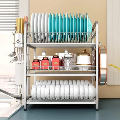 Vista 4 de YUEGOO Escurridor de platos de acero 304 con soporte y organizador de utensilios, 3 capas, estante para secadora de platos, gran capacidad, ahorro