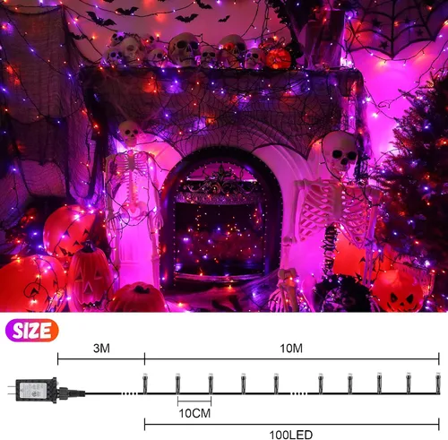 Vista 5 de Luces de cuerda de Halloween de 100 LED, 33 pies, luces titilantes naranjas y moradas con 8 modos, impermeables para decoración de fiesta