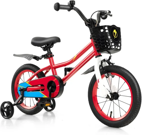 Vista 10 de HONEY JOY Bicicleta para niños, 12, 14, 16, 18, 20 pulgadas, con ruedas de entrenamiento y freno de mano, marco de acero, cadena totalmente cerrada