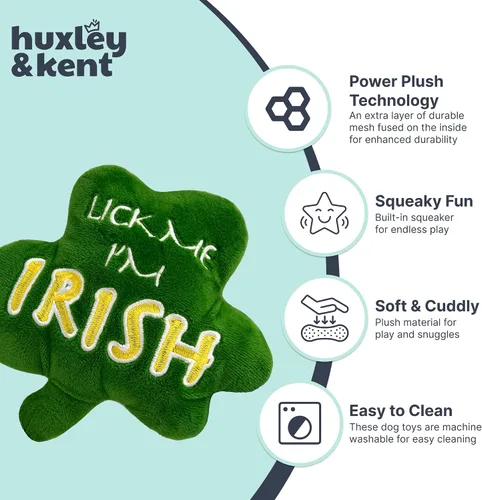 Vista 5 de Huxley & Kent Divertido juguete para perros con chirriante – Juguetes chirriantes de felpa del día de San Patricio para perros pequeños, medianos