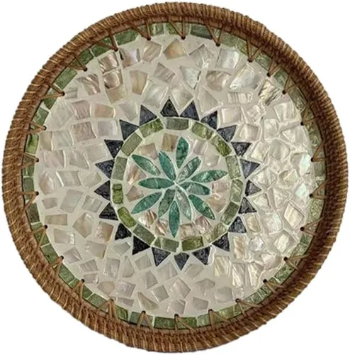 Vista 10 de Bandeja redonda de ratán con incrustaciones de madreperla, bandeja decorativa tejida a mano con base de madera,Cestas decorativas de mimbre bandeja
