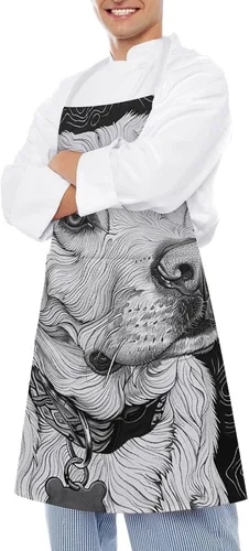 Vista 4 de MUSM Apron for Adults - 27.6 X 31.5 Inch, Heavy-Duty Polyester Aprons with Two Large Pockets, Waterproof Line Drawing Dog Kitchen Apron for Cooking