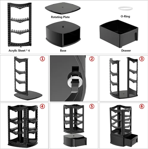Vista 7 de Famitree Soporte giratorio de 360 grados y organizador de joyas, mesa giratoria de joyería de 3 niveles con cajón, 120 agujeros y 108 ganchos
