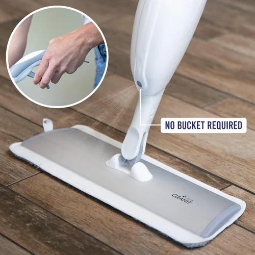Vista 6 de Don Aslett 's Spray Mop Plus+ para limpieza de suelos Cabezal giratorio de 360° Almohadilla de microfibra reutilizable Raspador de goma