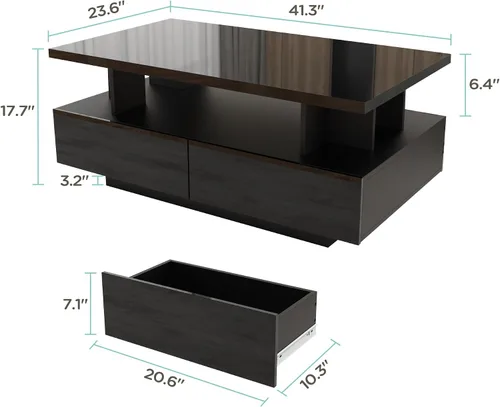 Vista 2 de MHOM Mesa de centro LED de 41.3 pulgadas, moderna mesa de sala de estar de alto brillo con 4 cajones, elegante mesa central para sala de estar, Negro
