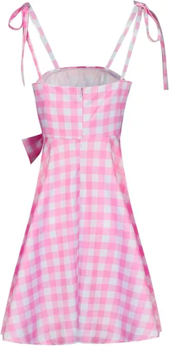 Vista 4 de Barbie Costume Pink Plaid Dress Women's Movie 2023 Margot Robbie Halloween Cosplay Costume