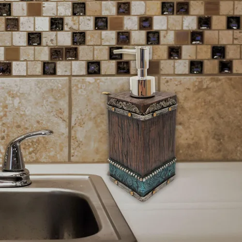 Vista 7 de BestGiftEver Dispensador de jabón Southwestern, accesorios de baño de vaquero, bomba de jabón inspirada en cuero sintético y cuero; decoración
