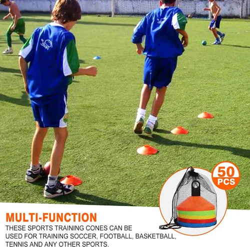 Vista 3 de brooman Paquete de 50 conos de disco de fútbol con bolsa de transporte y soporte para niños, marcadores de campo de fútbol y baloncesto