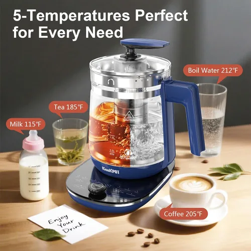 Vista 4 de Hervidor eléctrico, 1.5 L, vidrio borosilicato, hervidor de agua caliente eléctrico y tetera para café o té, sin BPA, apagado automático, acero Azul