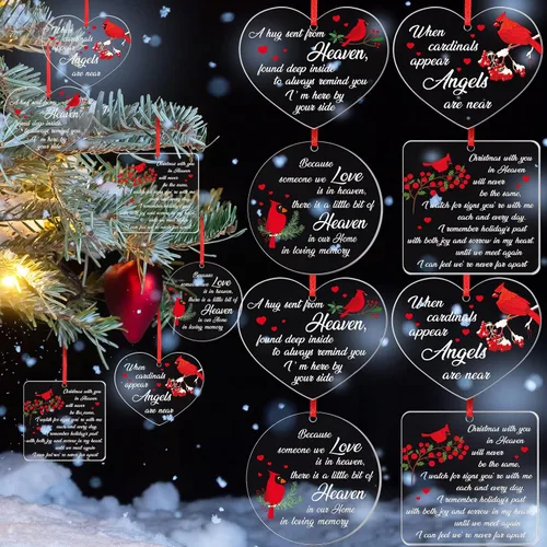 Vista 9 de Red Cardinal - Adornos conmemorativos acrílicos transparentes, regalos de Navidad en el cielo y condolencias por la pérdida de un ser querido