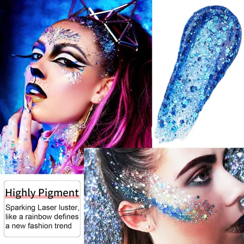 Vista 4 de Go Ho Brillantina azul para rostro y cuerpo, pintura facial azul de Halloween, gel brillante de sirena, lentejuelas gruesas holográficas para ojos