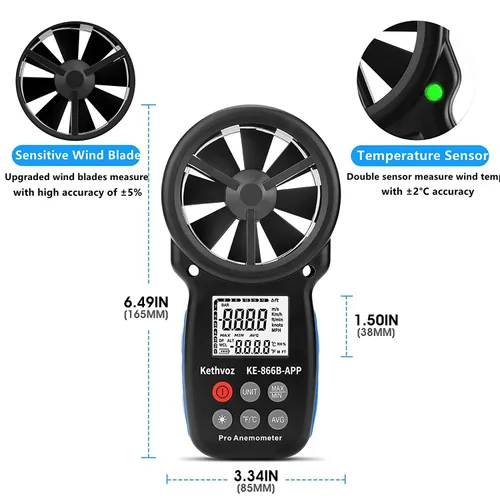 Vista 4 de Anemómetro digital Bluetooth, medidor de velocidad de viento de mano Kethvoz con registrador de datos, velocidad de flujo de aire de 0.3 ~ 98.4 ft/s