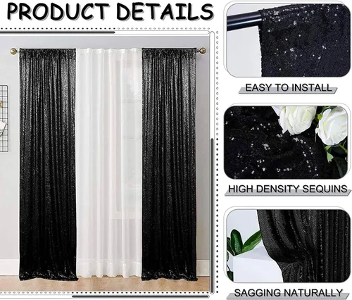 Vista 4 de Cortinas de Fondo de Lentejuelas Negras Cortinas Brillantes con Purpurina 2FTx8FT 2 Paneles para Decoraciones de Bodas Fiestas de Cumpleaños