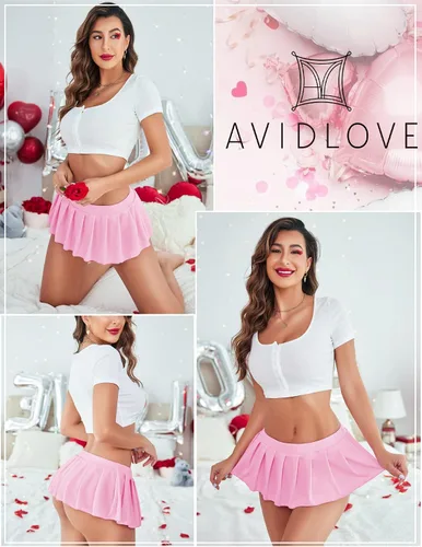 Vista 3 de Avidlove - Minifalda plisada sensual para mujer, lencería de colegiala con volantes