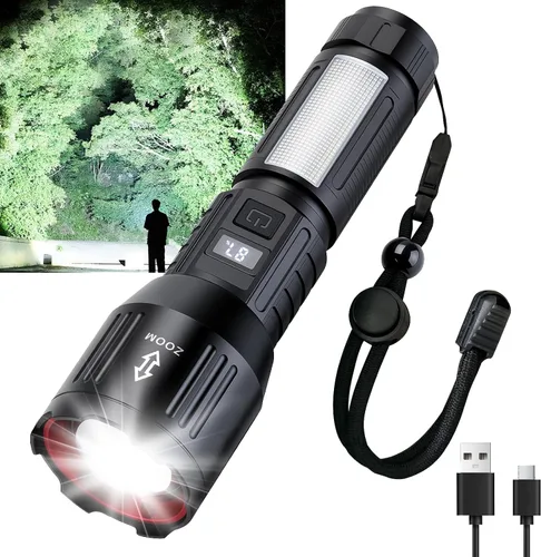 Vista 7 de Linterna recargable de lúmenes altos 900,000L, linternas LED portátiles súper brillantes, 5 modos, luz táctica potente con luz lateral Cob, USB C