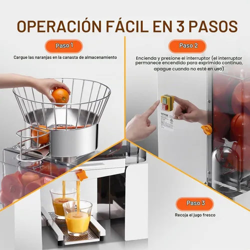 Vista 6 de VEVOR Máquina Exprimidora de Naranja Comercial, Extractor de Jugo de Alimentación Automática de 120W, Extractor de Jugo de Acero Inoxidable para 25