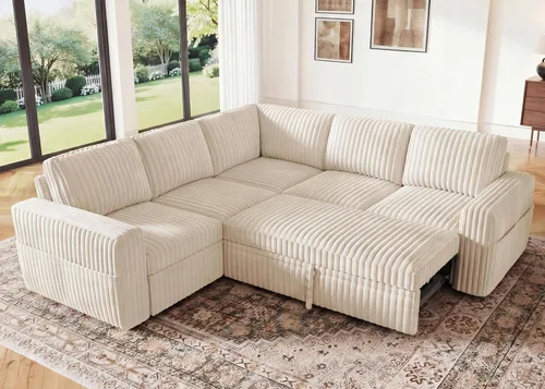 Vista 26 de HONBAY Sofá cama modular extraíble, sofá biplaza de pana, sofás para sala de estar, beige