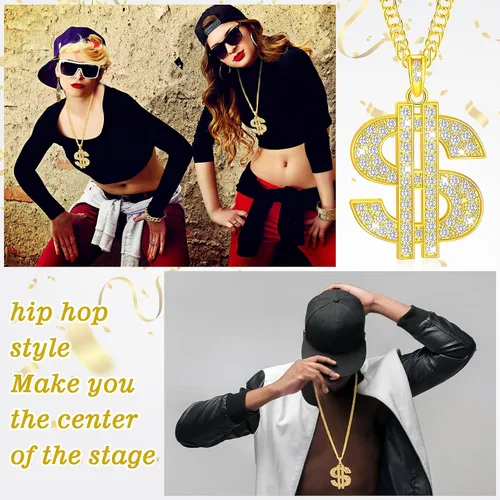 Vista 5 de Yinkin Collar de cadena de oro con colgante de signo de dólar para hombres, collar de rapero hip hop