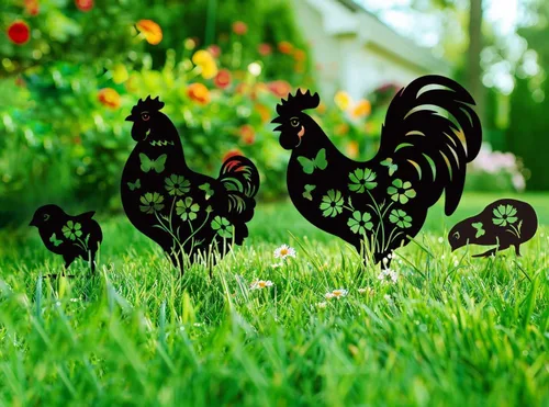 Vista 3 de Decoración de jardín de pollo de metal Doesen para exterior, 4 piezas de arte de jardín de pollo de metal, regalos de jardín decorativos
