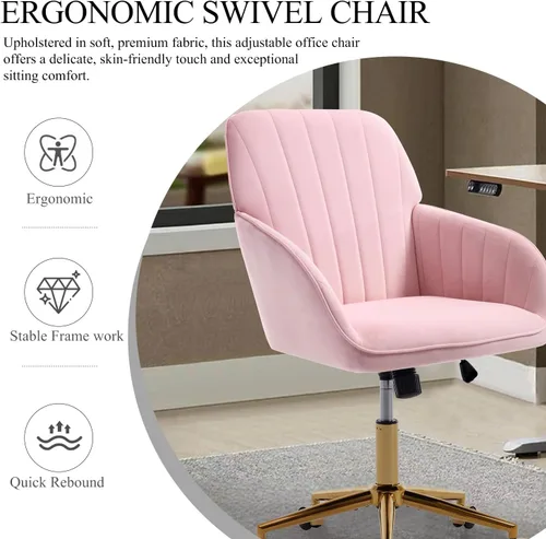Vista 5 de Silla de escritorio de oficina en casa, silla de tocador, moderna silla con respaldo bajo ajustable de terciopelo, silla de oficina tapizada