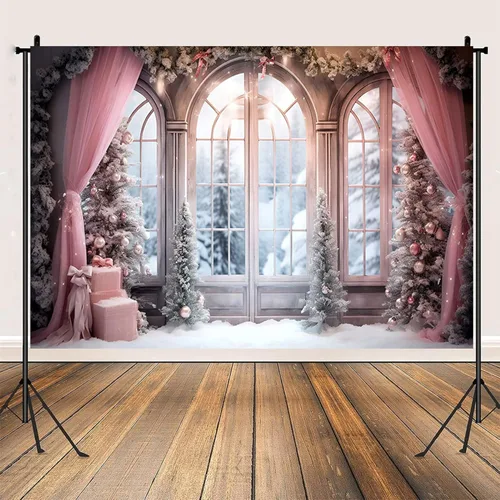 Vista 6 de Cortina rosa de invierno, fondo fotográfico de Navidad, invierno, nieve, bosque, ventana, fondo de fotografía, decoración de fiesta familiar, baby