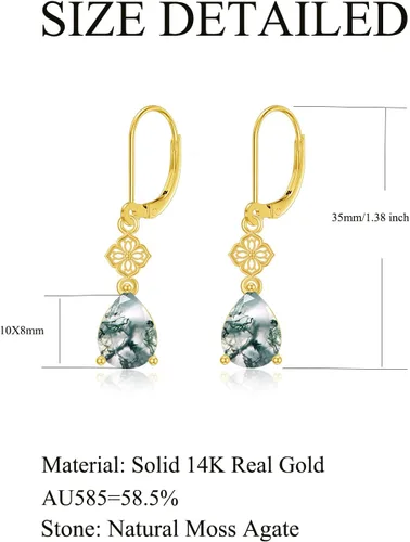 Vista 4 de MUUYON Aretes de ágata musgo natural para mujer, aretes colgantes de oro de 14 quilates con ágata musgo de 0.394 x 0.315 in, regalo de joyería