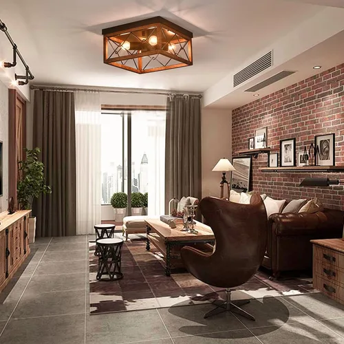 Vista 6 de TFCFL Retro Industrial Style Ceiling Light,Square Wrought Iron Ceiling Lamp with Wooden Lampshade,4-Light Flush Mount Ceiling Lights Fixtures for
