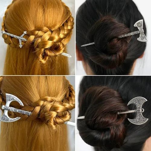 Vista 5 de GuoShuang Accesorios para el cabello para mujer, 4 piezas de palitos para cabello largo con diseño de calavera gótica, luna, serpiente, espada