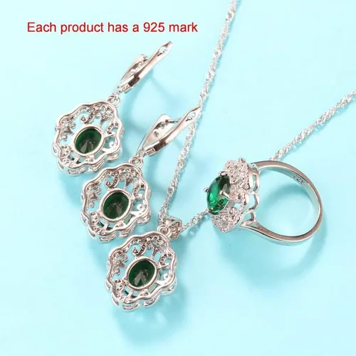 Vista 2 de Juego de joyas de plata de ley 925 para boda, aretes de circón verde, collar, pulsera y anillo para mujer
