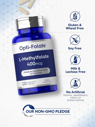 Vista 5 de Carlyle L Metilfolato 400 mcg 120 cápsulas vegetarianas Folato de metilo optimizado y activado Suplemento sin OMG y sin gluten por