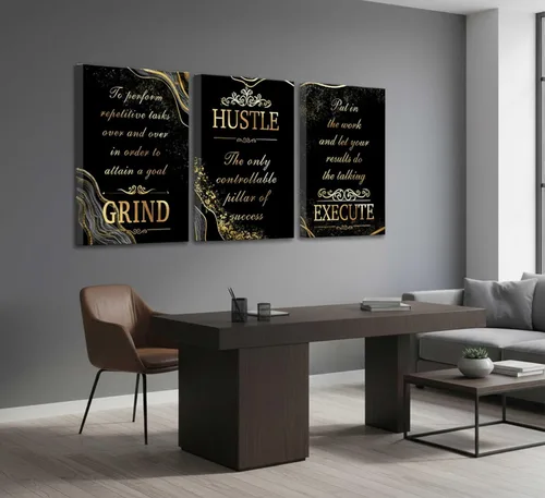 Vista 6 de 3 piezas de lienzo inspirador de oro negro para oficina, arte de pared, motivacional, moler ajetreo, ejecución, fotos inspiradoras, decoración