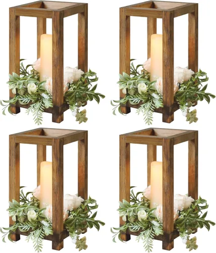 Vista 8 de 12 linternas de madera para centros de mesa de boda decorativos, portavelas rústico decorativo para fiesta de boda, linterna de vela sin llama