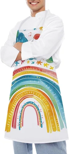 Vista 4 de MUSM Apron for Adults - 27.6 X 31.5 Inch, Heavy-Duty Polyester Aprons with Two Large Pockets, Waterproof Rainbow Outline Art Kitchen Apron for