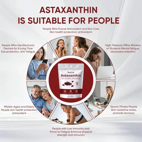 Vista 3 de Rovina Astaxantina Cápsulas blandas de 12 mg – Astaxantina premium de microalgas, triple fuerza, apoyo inmunológico, sin OMG y sin gluten, 200