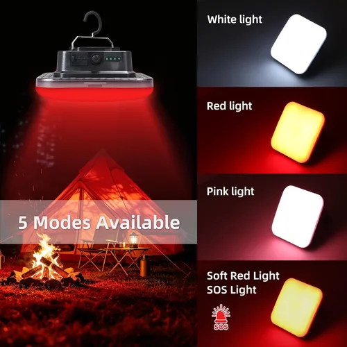 Vista 4 de Luz recargable para tienda de campaña con luz roja de 50 W, 5000 lúmenes, funciona con pilas, luces LED IPX5, impermeable, lámpara portátil
