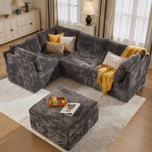 Vista 52 de Ovios - Sofá modular con diván en forma de U y otomanas, cómodo y mullido, tapizado en pana estilo nube, moderno, asiento profundo, juego de sofás