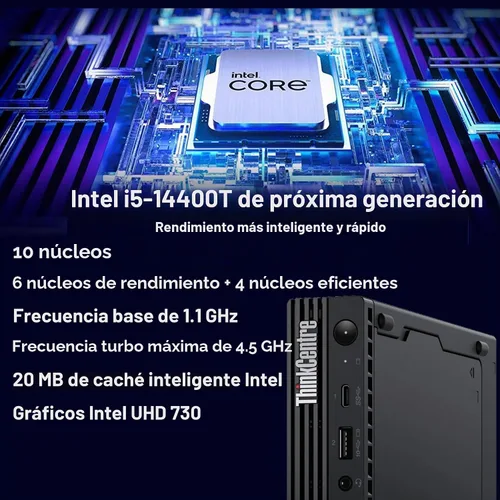 Vista 3 de Lenovo ThinkCentre M70q Gen 5 Tiny Desktop, 8GB DDR5 RAM, 256GB PCIe SSD, 1L Mini PC MFF computadora con Office 365, Intel 10-Core i5-14400T, WiFi