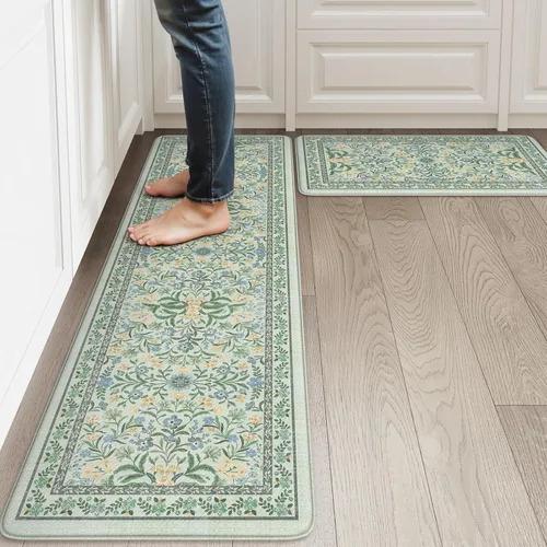Vista 24 de Collive Tapete Anti Fatiga para Piso de Cocina, Tapetes de Cocina con Diseño Floral Primaveral para Piso Juego de 2, Alfombras para Fregadero Beige
