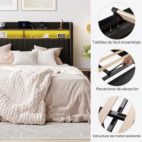 Vista 6 de SHA CERLIN - Estructura de cama de tamaño matrimonial con almacenamiento elevado/Luces LED/Estación de carga/Cabecero con estantes de 2 niveles/USB