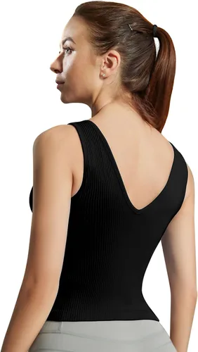 Vista 3 de Camiseta sin mangas para mujer, brasier integrado, cuello redondo, para entrenamiento, acanalado, deportivo, acolchado, sin costuras, ombligueras