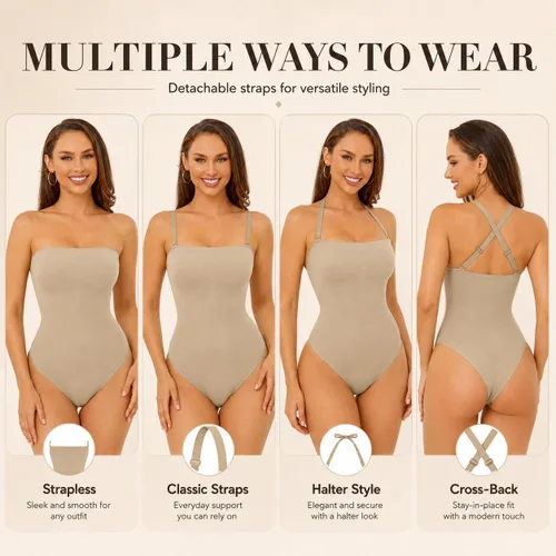 Vista 6 de Body sin tirantes para mujer, traje de tanga con control de abdomen Beige
