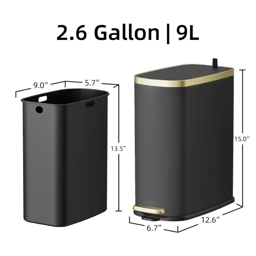 Vista 6 de KUK Cubo de basura pequeño para baño con tapa de cierre suave, pedal de paso, cubo de basura de acero inoxidable de 2.6 galones con cubo