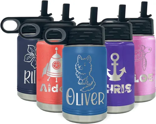 Vista 20 de Botella de agua para niños personalizada con nombre en botella de agua aislada con anillo verde mate de 12 onzas
