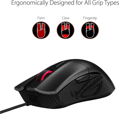 Vista 4 de ASUS Ratón óptico para juegos - ROG Gladius II Core Agarre ergonómico para mano derecha Mouse ligero para juegos de PC Sensor óptico de 6200 DPI