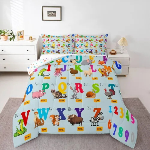 Vista 4 de jejeloiu Juego de edredón educativo para niños, tamaño matrimonial, juego de ropa de cama con números del alfabeto ABC para niños y niñas pequeños