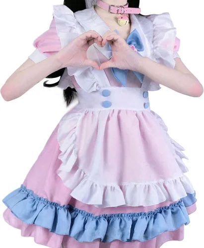 Vista 3 de Lindo uniforme de sirvienta para mujer, con cuello cuadrado, manga abullonada, con cordones, cintura y encaje, disfraz de Halloween