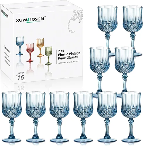 Vista 21 de XUWAIDSGN 16 Piezas Copas de Vino Vintage de Plástico de 7oz Vasos para Beber Irrompibles Cristalería para Bodas Copas de Agua de Cristal