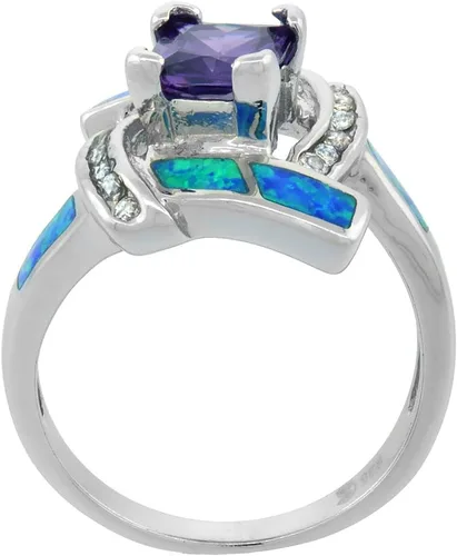 Vista 2 de Anillo de plata de ley sintética con ópalo azul para mujer blanco y amatista CZ de 58 pulgadas