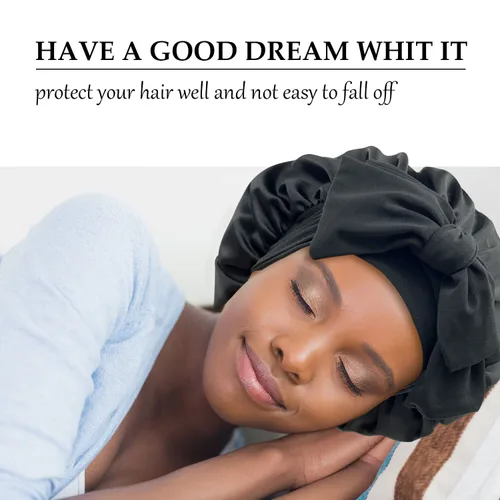 Vista 2 de Gorro de satén de seda para dormir con banda de amarre y tiras ajustables, para mujeres con cabello rizado y trenzado, color negro, tamaño grande