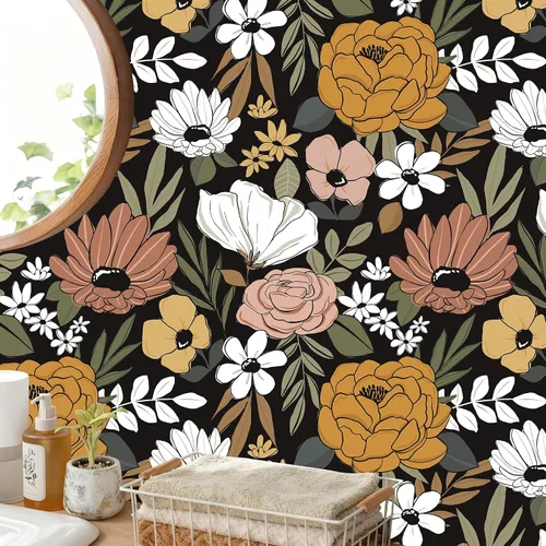 Vista 2 de HAOKHOME Papel pintado vintage grande floral de despegar y pegar, extraíble, hojas de margarita, negro/arena/oliva, vinilo autoadhesivo, mural, 17.7